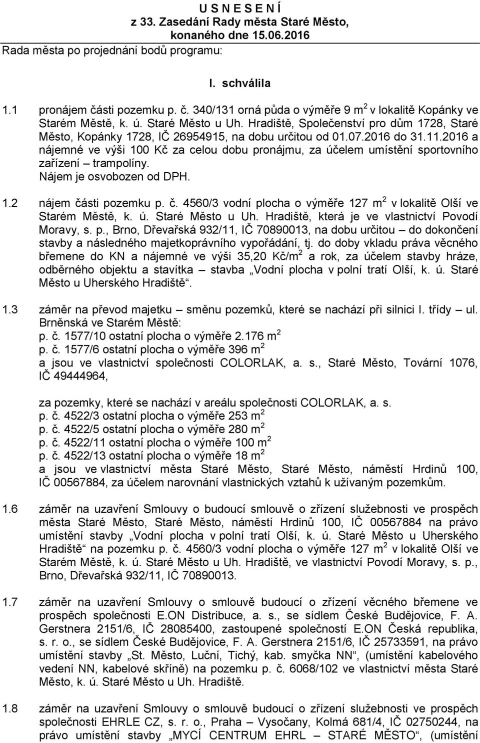 Hradiště, Společenství pro dům 1728, Staré Město, Kopánky 1728, IČ 26954915, na dobu určitou od 01.07.2016 do 31.11.