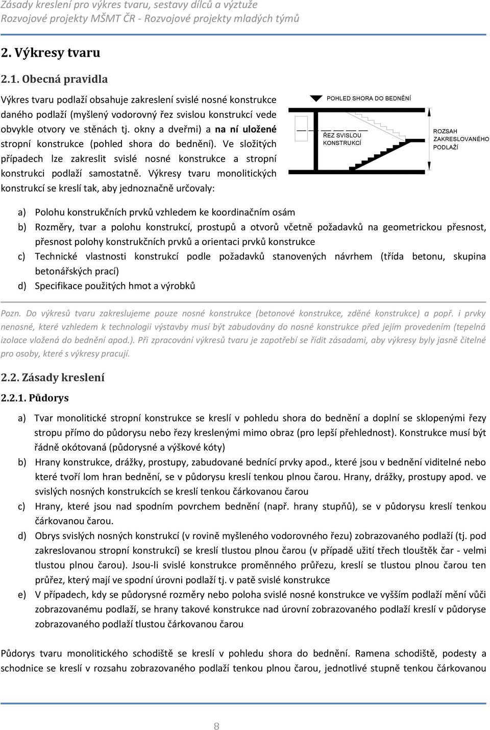 okny a dveřmi) a na ní uložené stropní konstrukce (pohled shora do bednění). Ve složitých případech lze zakreslit svislé nosné konstrukce a stropní konstrukci podlaží samostatně.
