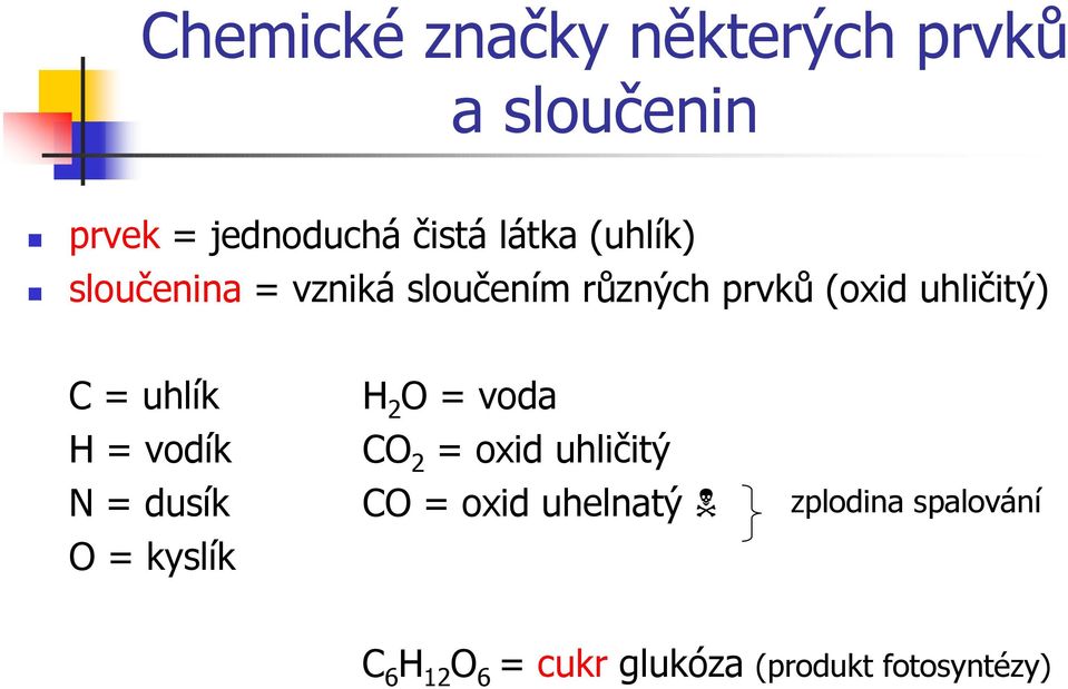 uhlík H = vodík N = dusík O = kyslík H 2 O = voda CO 2 = oxid uhličitý CO =