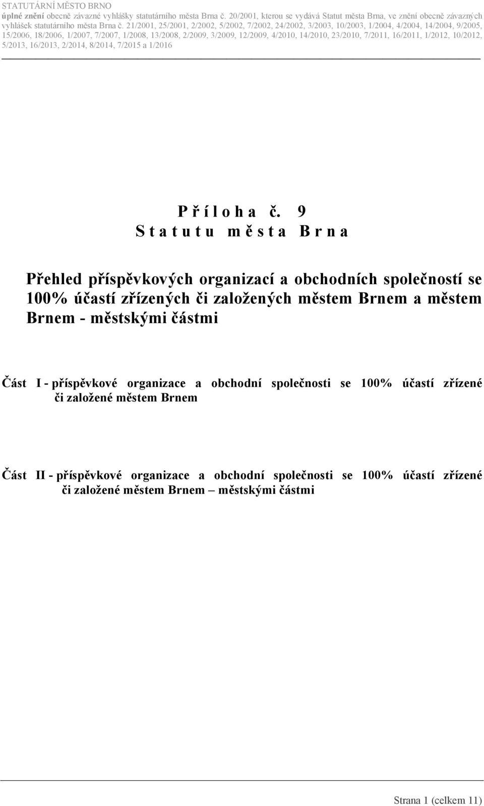 zřízených či založených městem Brnem a městem Brnem - městskými částmi Část I - příspěvkové organizace a