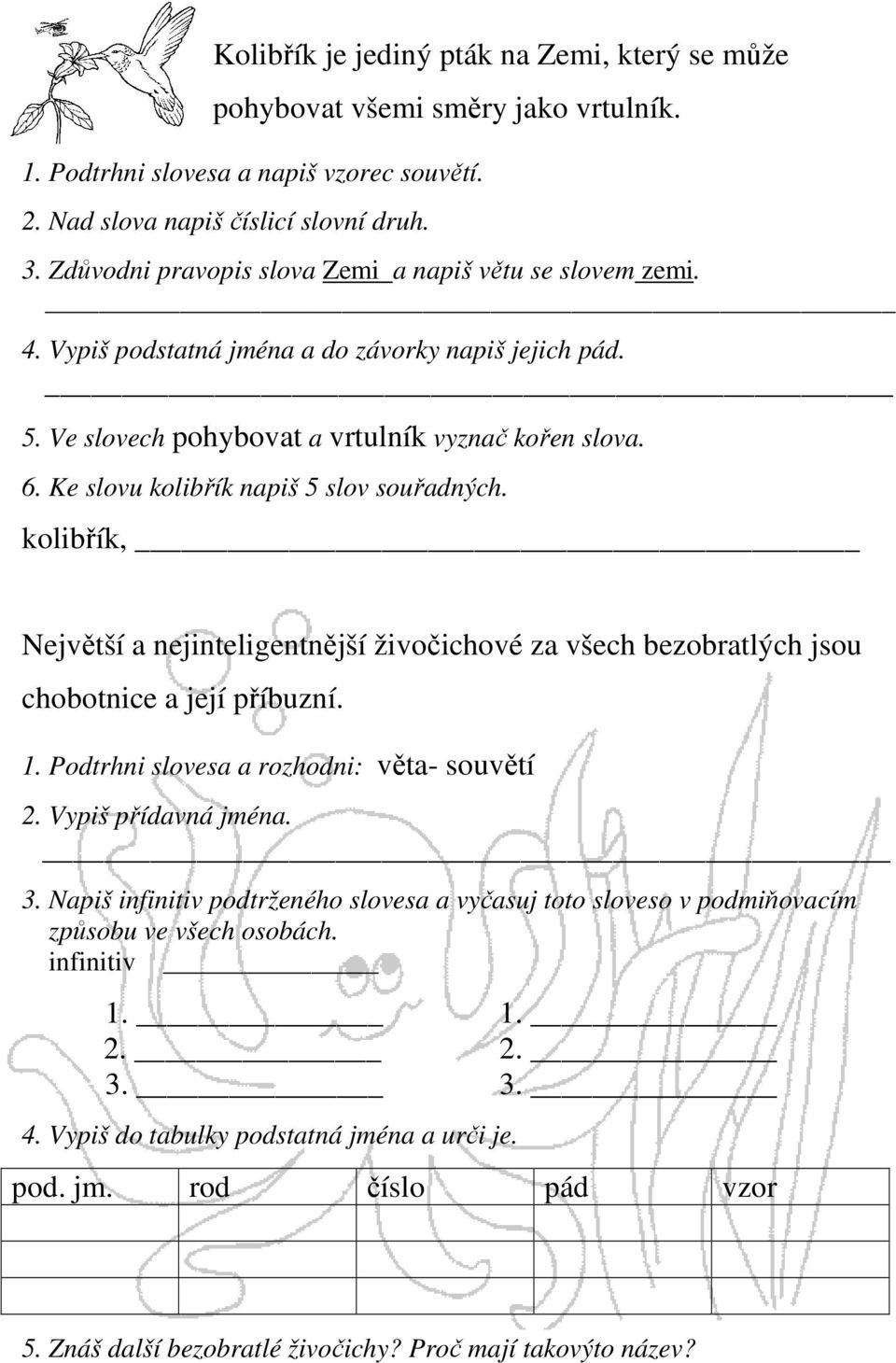 Ke slovu kolibřík napiš 5 slov souřadných. kolibřík, Největší a nejinteligentnější živočichové za všech bezobratlých jsou chobotnice a její příbuzní. 1. Podtrhni slovesa a rozhodni: věta- souvětí 2.
