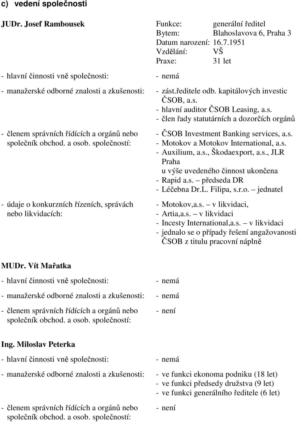 s. - Motokov a Motokov International, a.s. - Auxilium, a.s., Škodaexport, a.s., JLR Praha u výše uvedeného činnost ukončena - Rapid a.s. předseda DR - Léčebna Dr.L. Filipa, s.r.o. jednatel - Motokov,a.