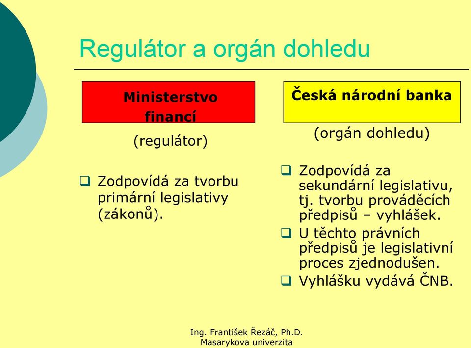 Česká národní banka (orgán dohledu) Zodpovídá za sekundární legislativu, tj.