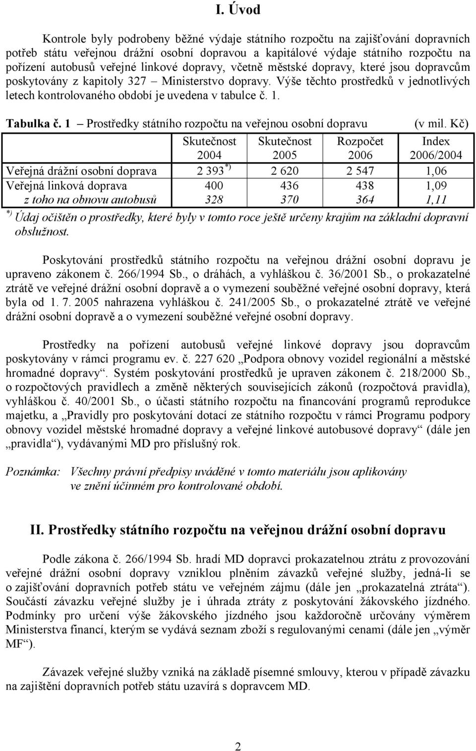 Výše těchto prostředků v jednotlivých letech kontrolovaného období je uvedena v tabulce č. 1. Tabulka č. 1 Prostředky státního rozpočtu na veřejnou osobní dopravu (v mil.