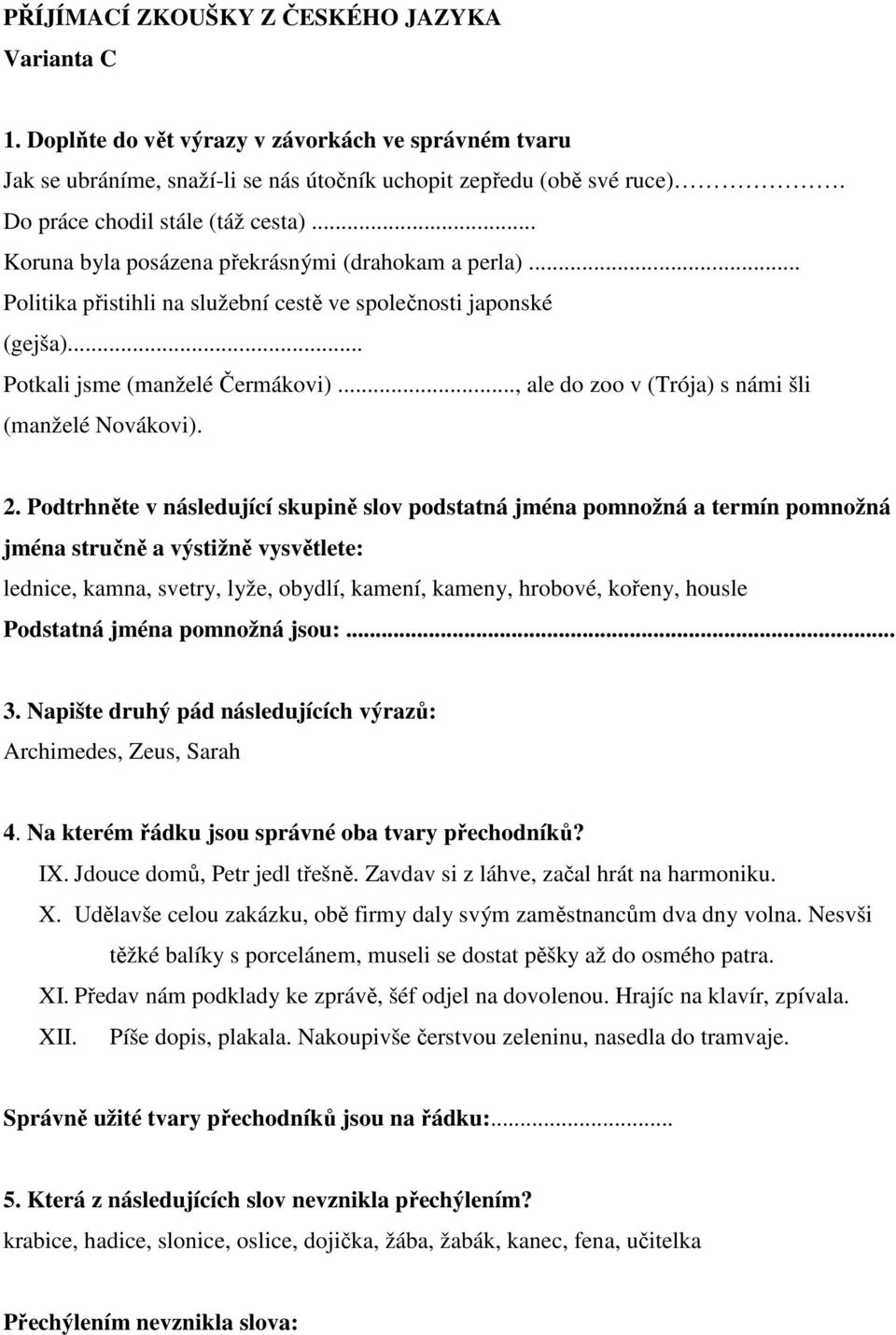 PŘIJÍMACÍ ZKOUŠKY Z ČESKÉHO JAZYKA Varianta A - PDF Stažení zdarma