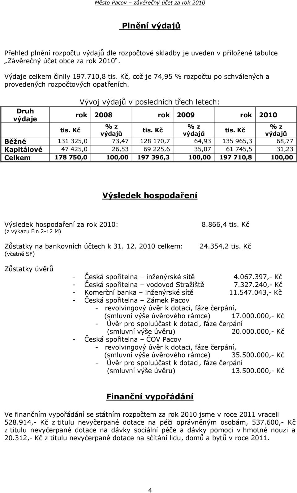 Druh výdaje Vývoj výdajů v posledních třech letech: rok 2008 rok 2009 rok 2010 výdajů výdajů výdajů Běžné 131 325,0 73,47 128 170,7 64,93 135 965,3 68,77 Kapitálové 47 425,0 26,53 69 225,6 35,07 61