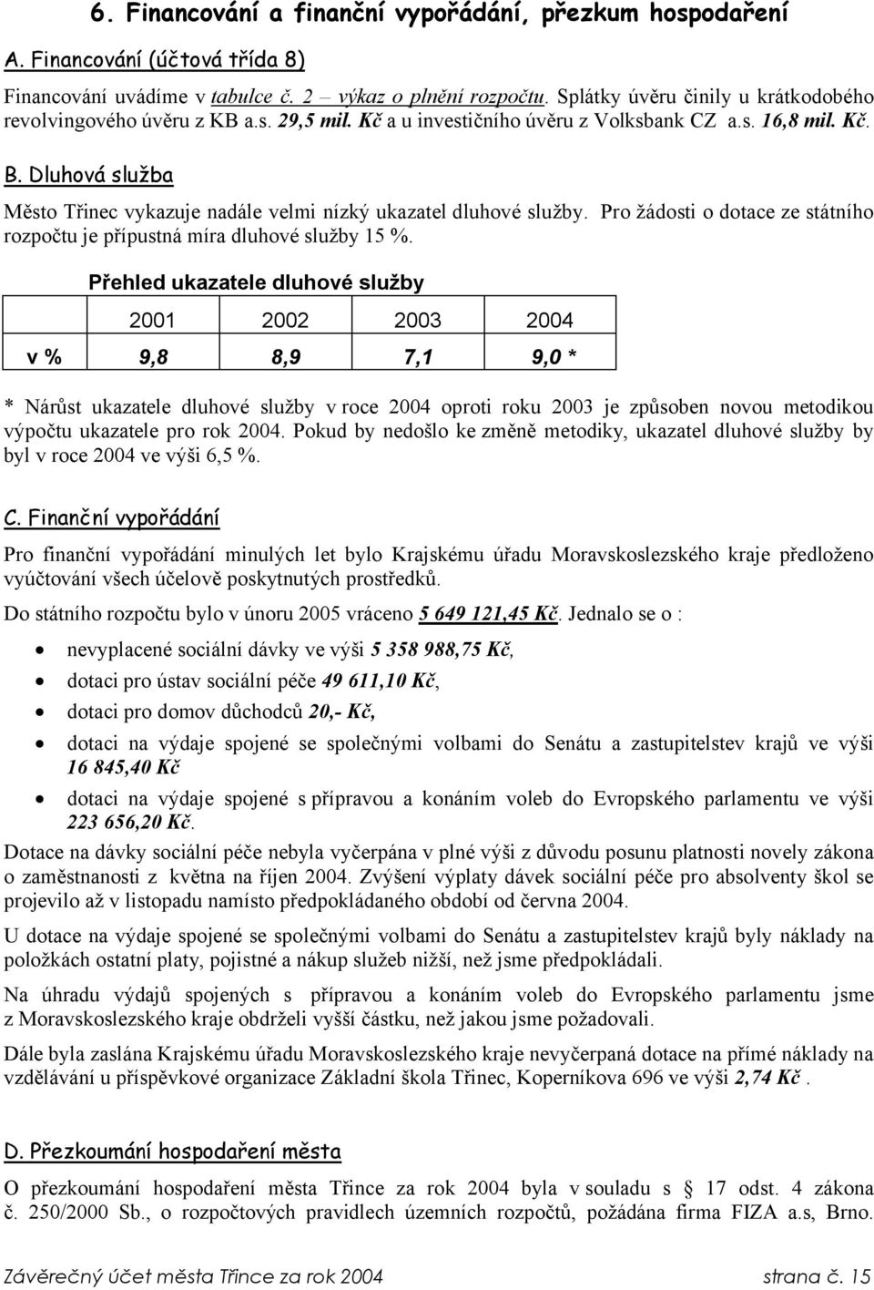 Dluhová služba Město Třinec vykazuje nadále velmi nízký ukazatel dluhové služby. Pro žádosti o dotace ze státního rozpočtu je přípustná míra dluhové služby 15 %.