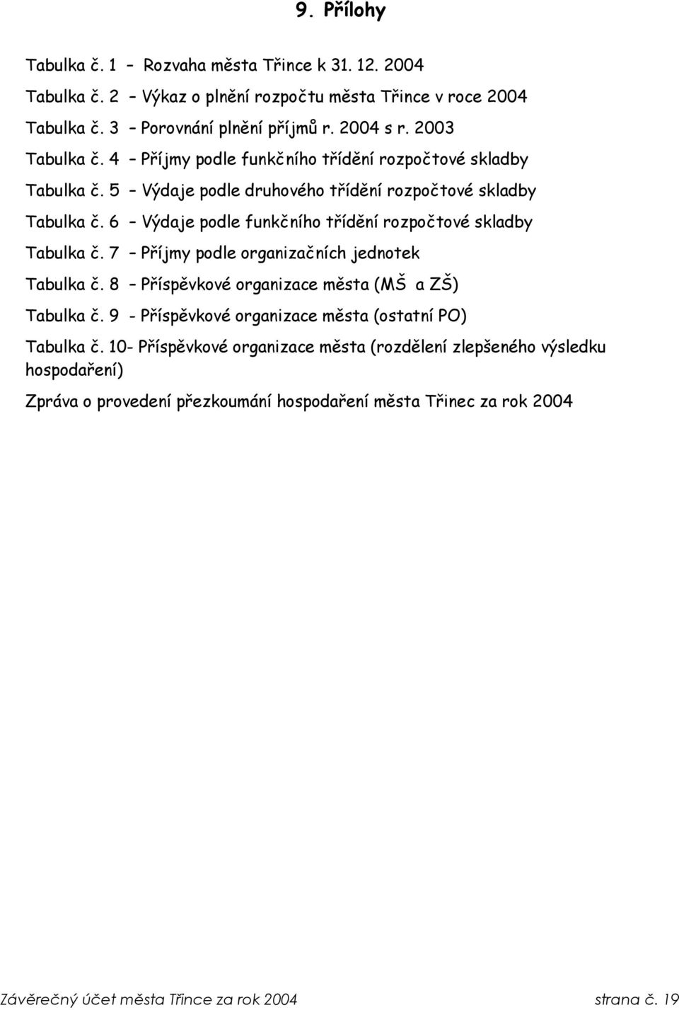 6 Výdaje podle funkčního třídění rozpočtové skladby Tabulka č. 7 Příjmy podle organizačních jednotek Tabulka č. 8 Příspěvkové organizace města (MŠ a ZŠ) Tabulka č.