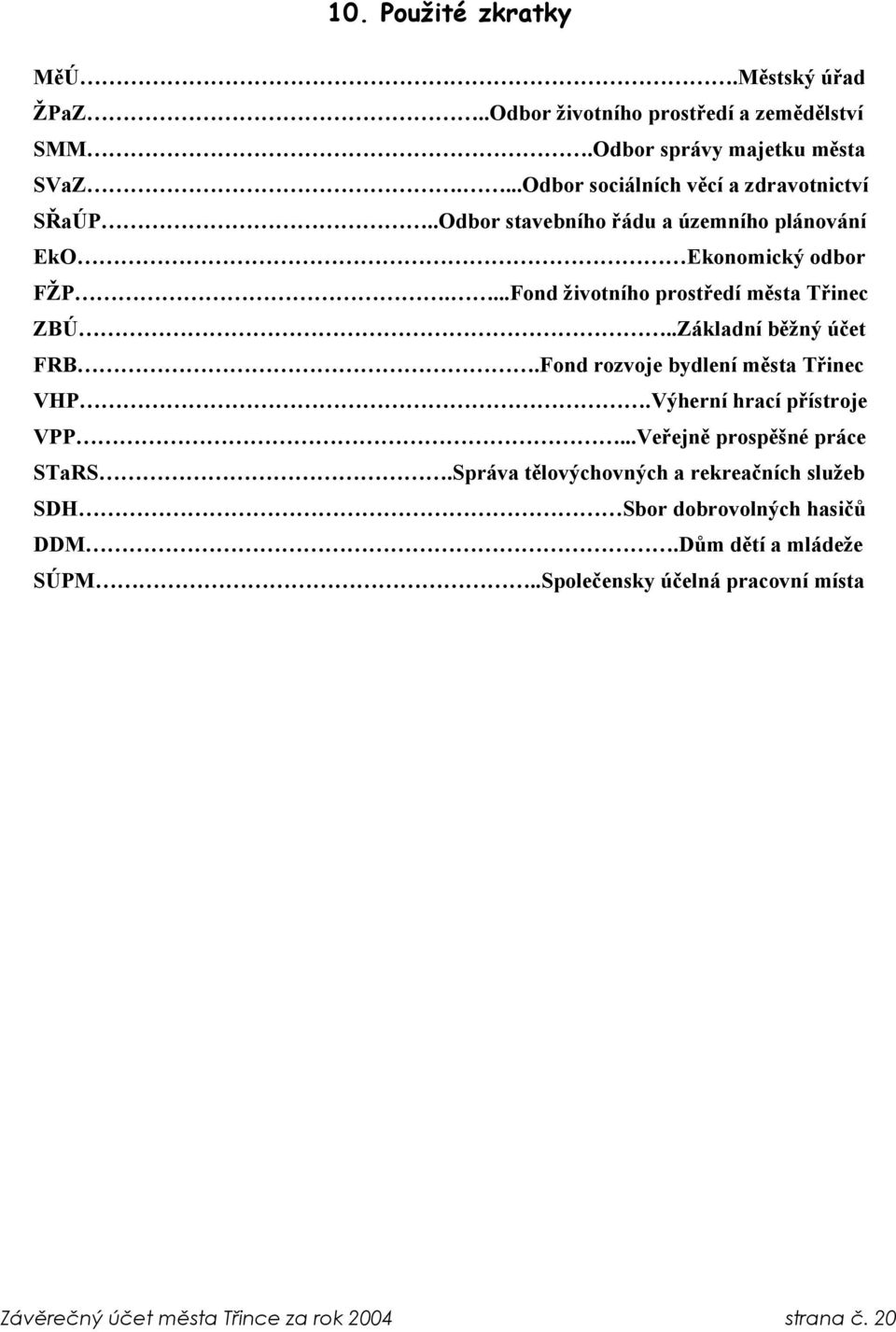 ...Fond životního prostředí města Třinec ZBÚ..Základní běžný účet FRB.Fond rozvoje bydlení města Třinec VHP.Výherní hrací přístroje VPP.