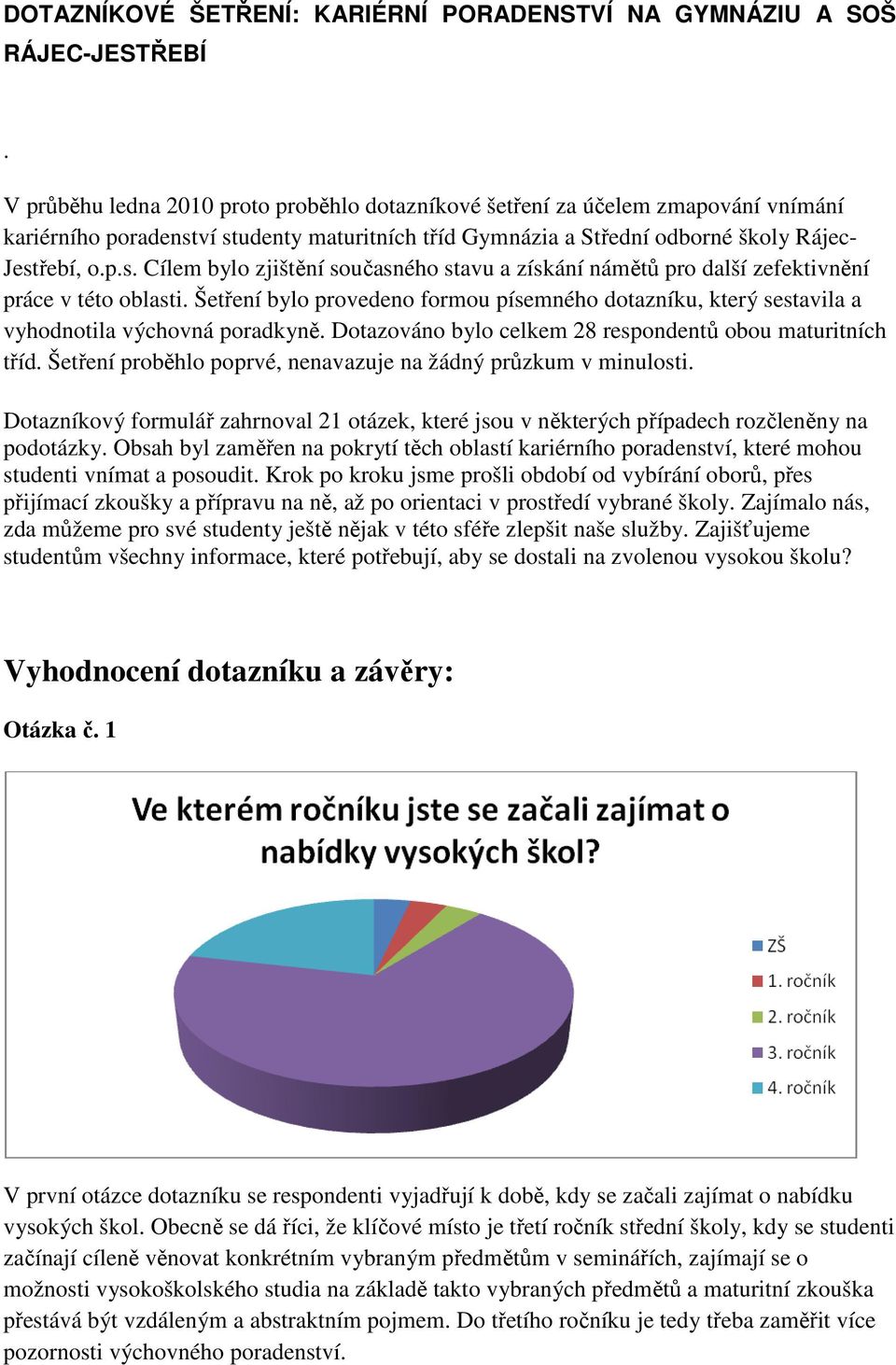 ví studenty maturitních tříd Gymnázia a Střední odborné školy Rájec- Jestřebí, o.p.s. Cílem bylo zjištění současného stavu a získání námětů pro další zefektivnění práce v této oblasti.