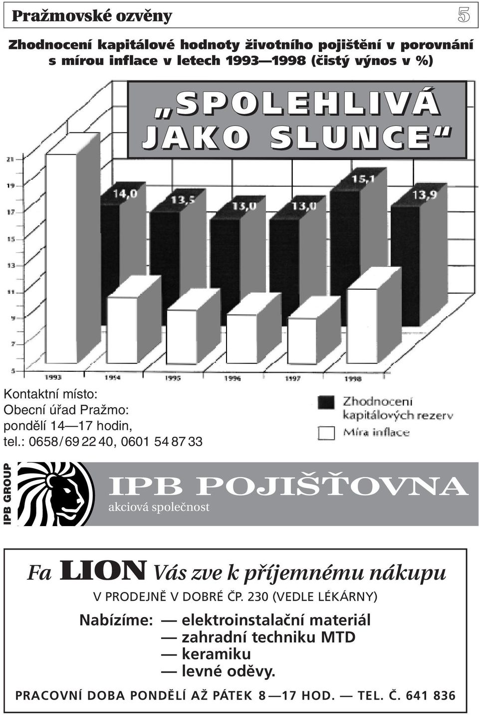 : 0658/69 22 40, 0601 54 87 33 IPB GROUP IPB POJIŠŤOVNA akciová společnost Fa LION Vás zve k příjemnému nákupu V PRODEJNĚ V DOBRÉ