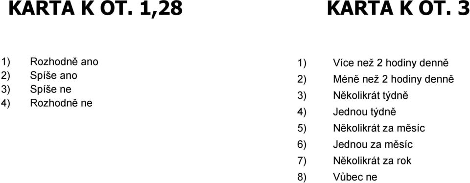 Více než 2 hodiny denně 2) Méně než 2 hodiny denně 3)