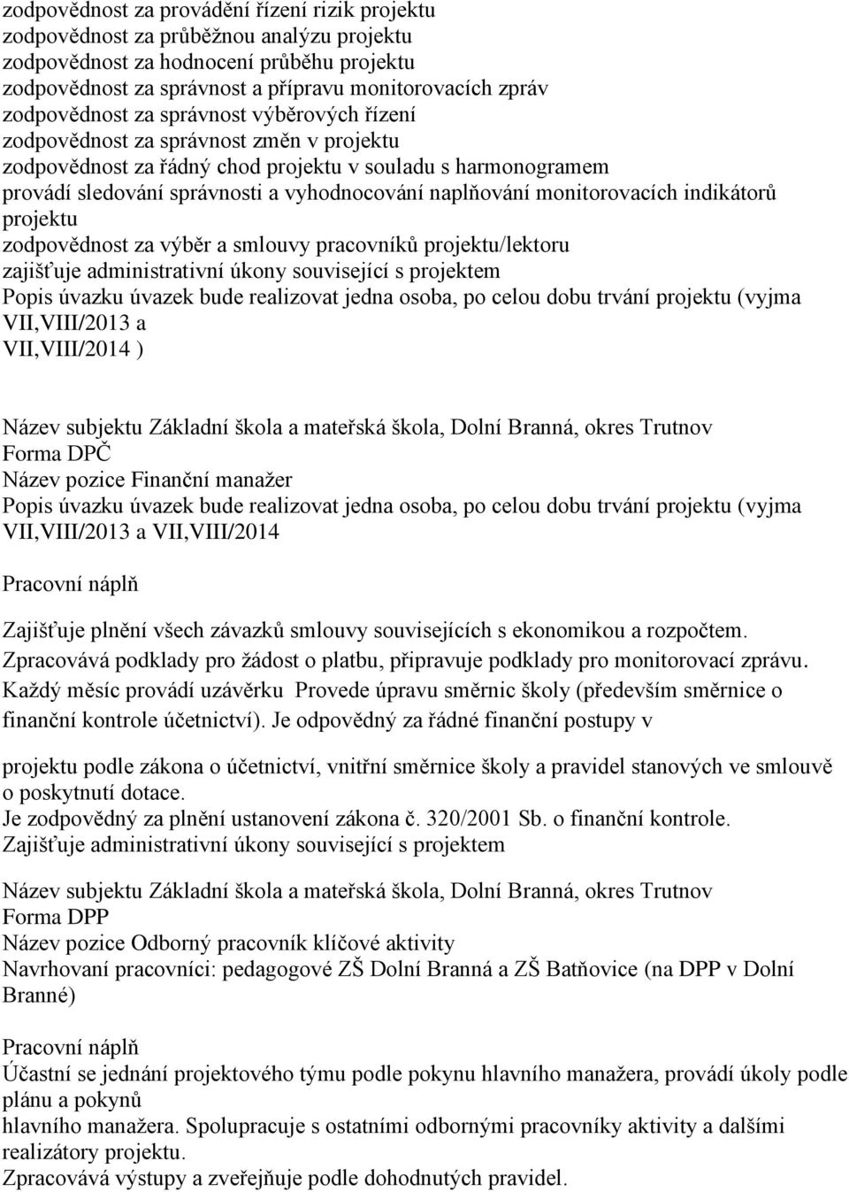 naplňování monitorovacích indikátorů projektu zodpovědnost za výběr a smlouvy pracovníků projektu/lektoru zajišťuje administrativní úkony související s projektem Popis úvazku úvazek bude realizovat