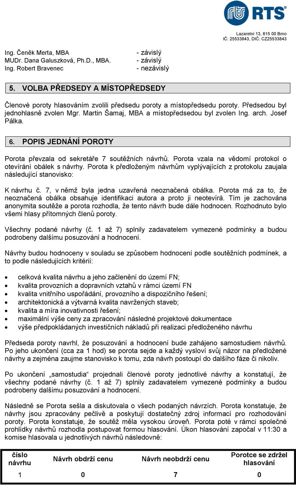 Porota k předloženým návrhům vyplývajících z protokolu zaujala následující stanovisko: K návrhu č. 7, v němž byla jedna uzavřená neoznačená obálka.