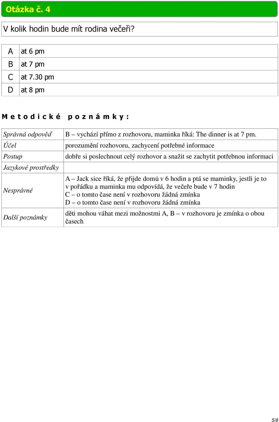 porozumění rozhovoru, zachycení potřebné informace A Jack sice říká, že přijde domů v 6 hodin a ptá se maminky, jestli je to v