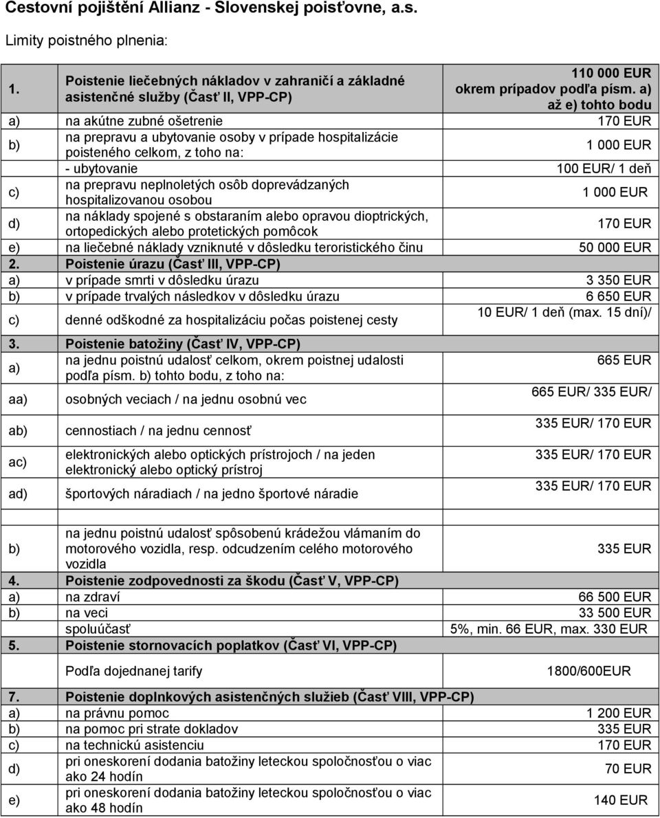 ubytovanie 100 EUR/ 1 deň c) na prepravu neplnoletých osôb doprevádzaných hospitalizovanou osobou 1 000 EUR d) na náklady spojené s obstaraním alebo opravou dioptrických, ortopedických alebo