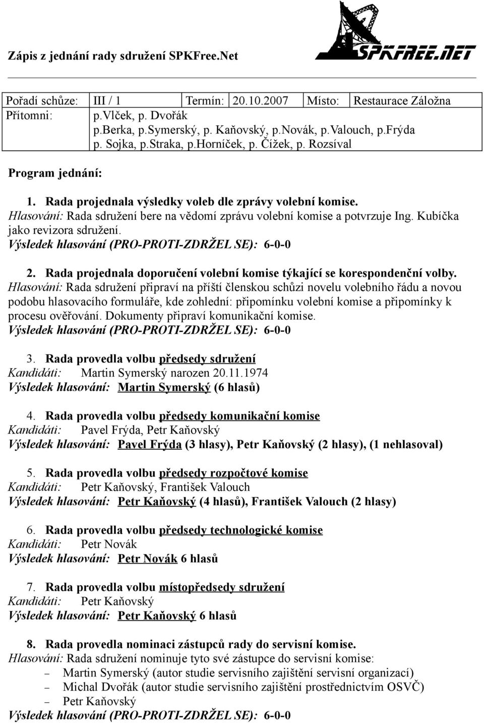 Kubíčka jako revizora sdružení. 2. Rada projednala doporučení volební komise týkající se korespondenční volby.