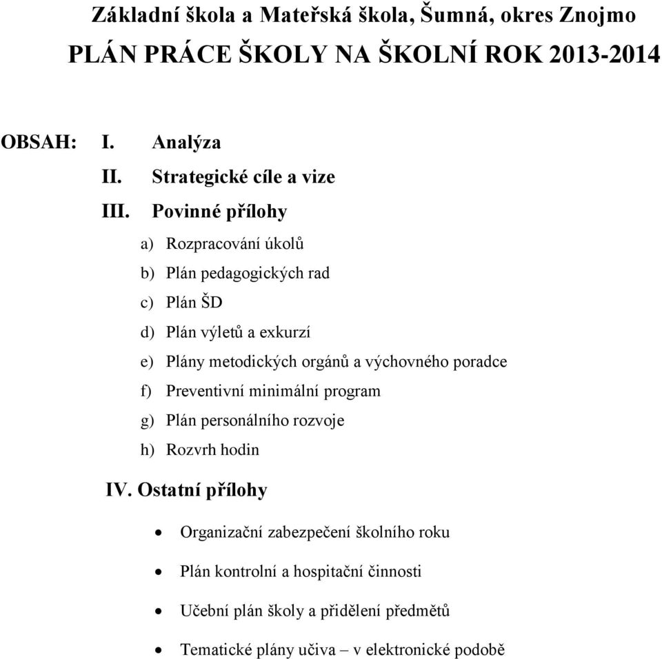 Povinné přílohy a) Rozpracování úkolů b) Plán pedagogických rad c) Plán ŠD d) Plán výletů a exkurzí e) Plány metodických orgánů a