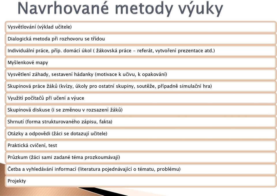 simulační hra) Využití počítačů při učení a výuce Skupinová diskuse (i se změnou v rozsazení žáků) Shrnutí (forma strukturovaného zápisu, fakta) Otázky a odpovědi