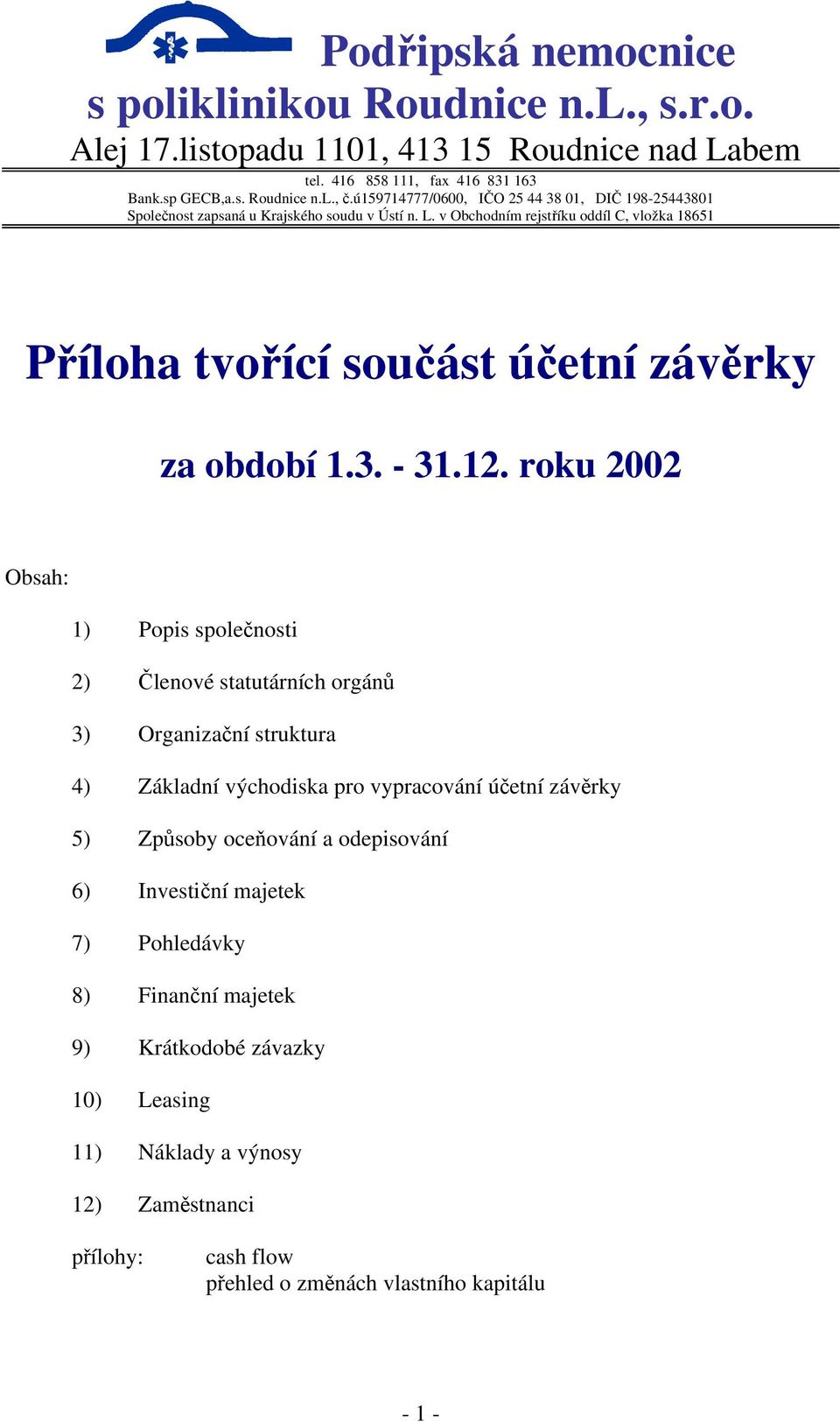 v Obchodním rejstříku oddíl C, vložka 18651 Příloha tvořící součást účetní závěrky za 1.3. - 31.12.