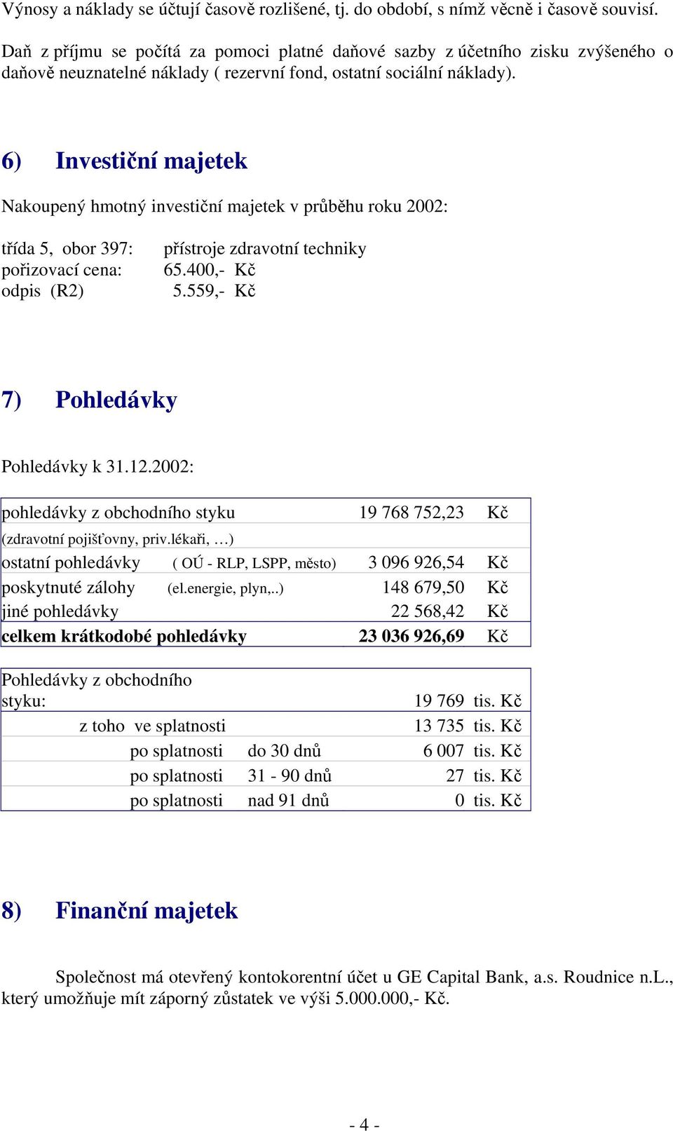 6) Investiční majetek Nakoupený hmotný investiční majetek v průběhu roku 2002: třída 5, obor 397: pořizovací cena: odpis (R2) přístroje zdravotní techniky 65.400,- Kč 5.