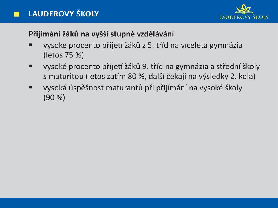 tříd na víceletá gymnázia (letos 75 %) vysoké procento přijetí žáků 9.