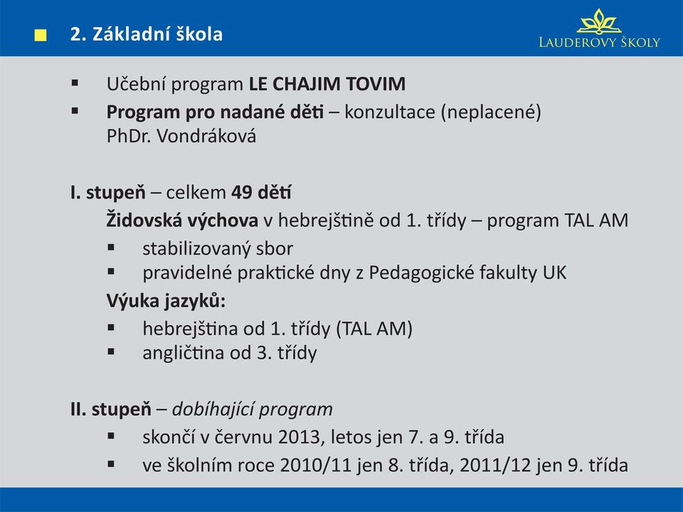 třídy program TAL AM stabilizovaný sbor pravidelné praktické dny z Pedagogické fakulty UK Výuka jazyků: hebrejština