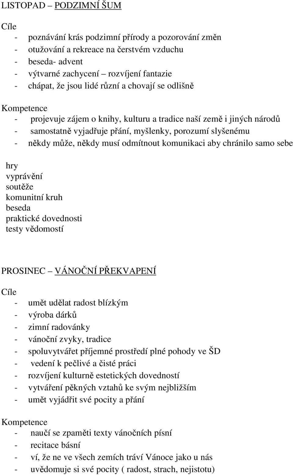 komunikaci aby chránilo samo sebe soutěže komunitní kruh beseda testy vědomostí PROSINEC VÁNOČNÍ PŘEKVAPENÍ - umět udělat radost blízkým - výroba dárků - zimní radovánky - vánoční zvyky, tradice -