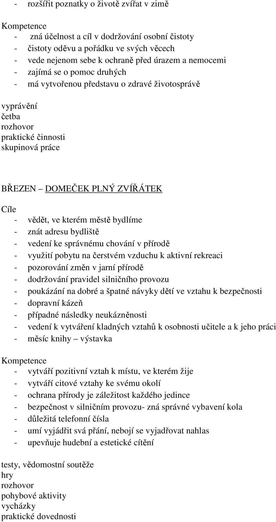 ke správnému chování v přírodě - využití pobytu na čerstvém vzduchu k aktivní rekreaci - pozorování změn v jarní přírodě - dodržování pravidel silničního provozu - poukázání na dobré a špatné návyky