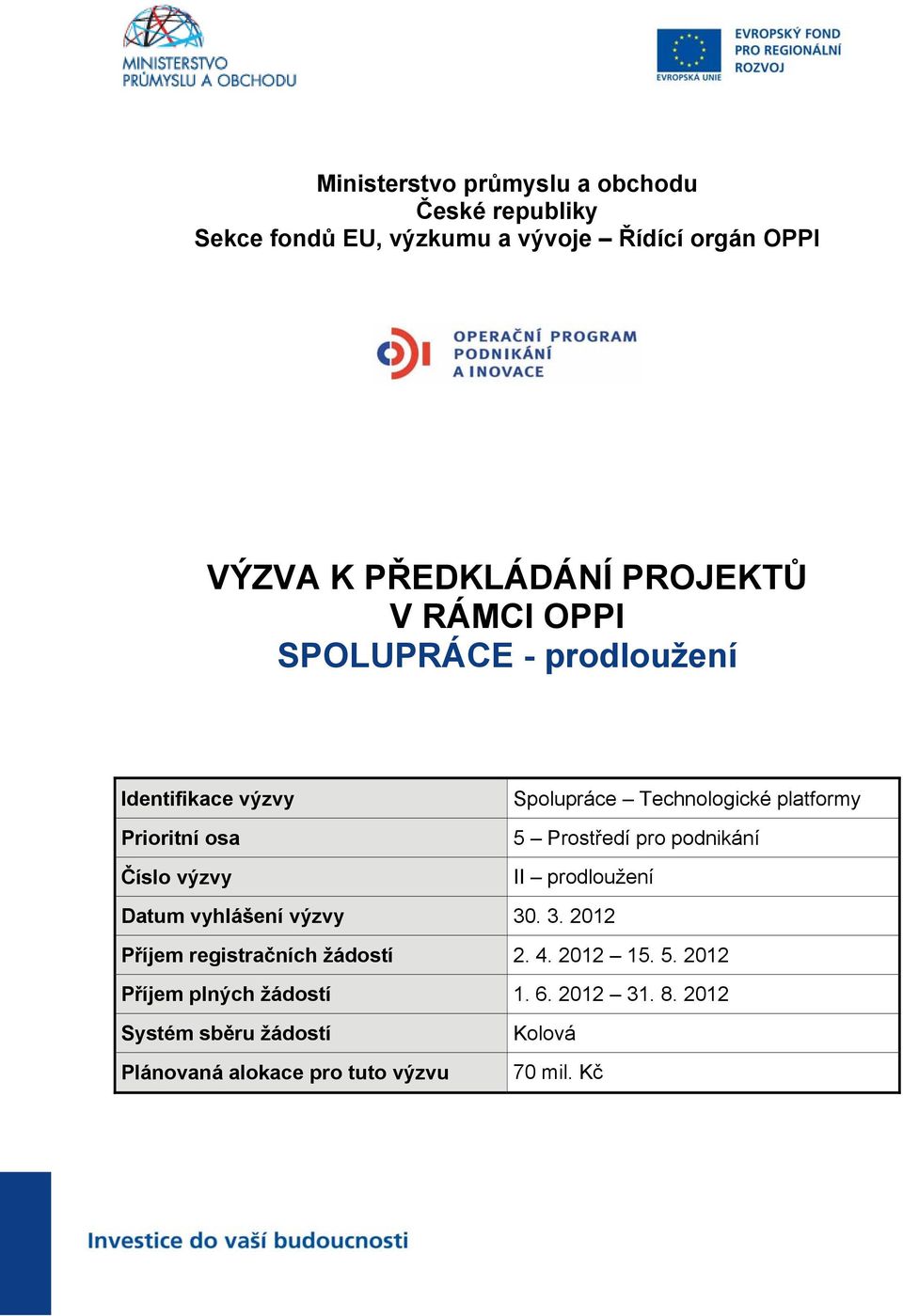 platformy 5 Prostředí pro podnikání II prodloužení Datum vyhlášení výzvy 30. 3. 2012 Příjem registračních žádostí 2. 4.