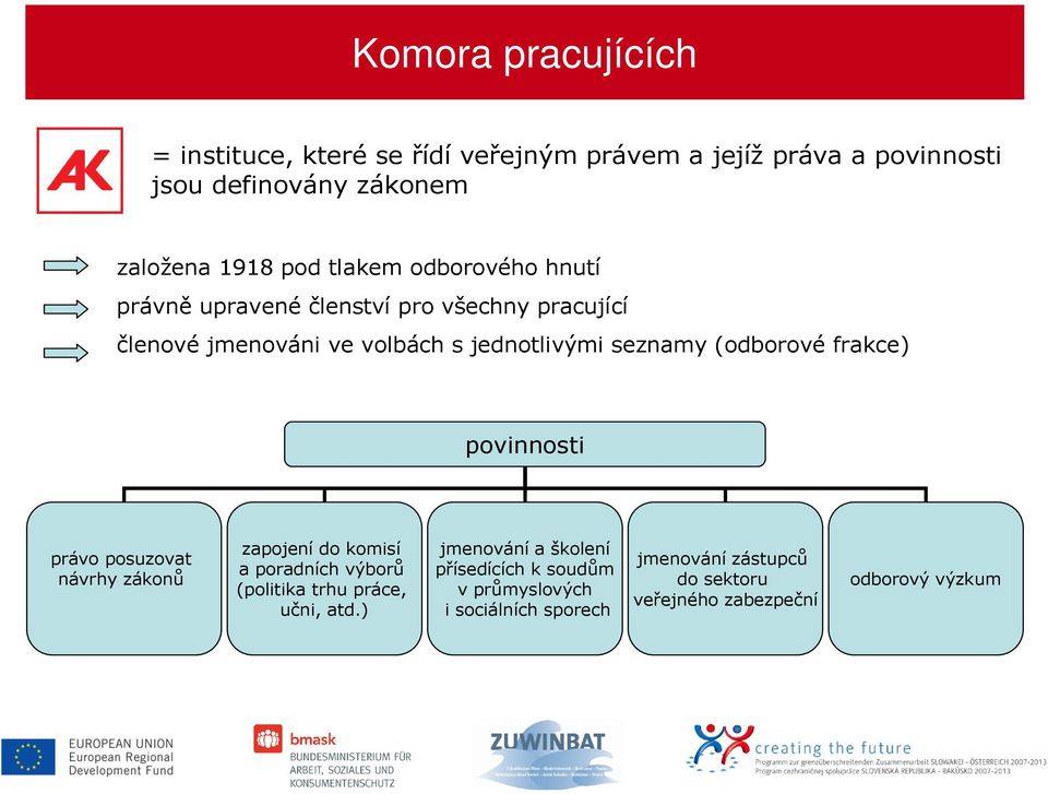 frakce) povinnosti právo posuzovat návrhy zákonů zapojení do komisí a poradních výborů (politika trhu práce, učni, atd.