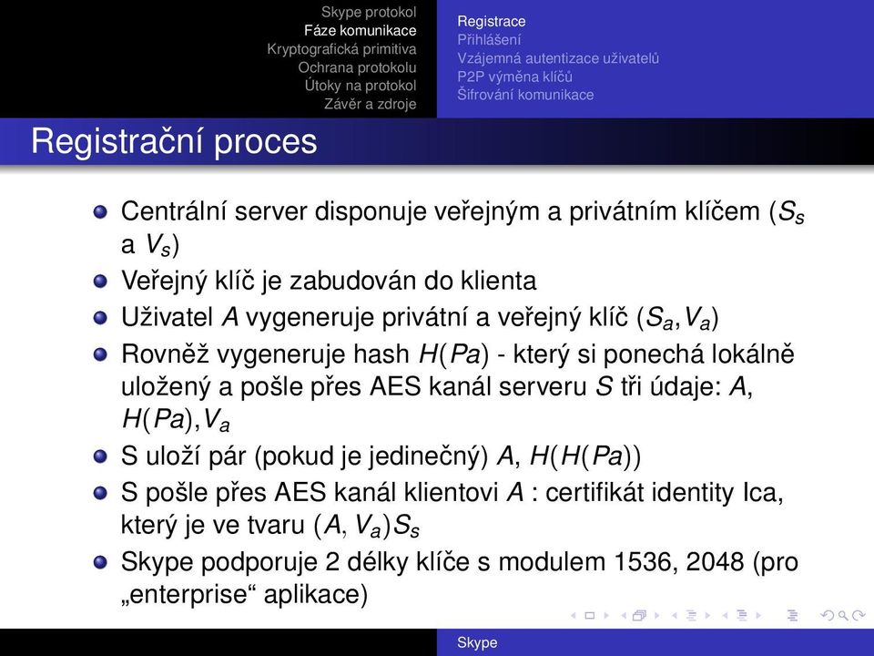 hash H(Pa) - který si ponechá lokálně uložený a pošle přes AES kanál serveru S tři údaje: A, H(Pa),V a S uloží pár (pokud je jedinečný) A, H(H(Pa)) S
