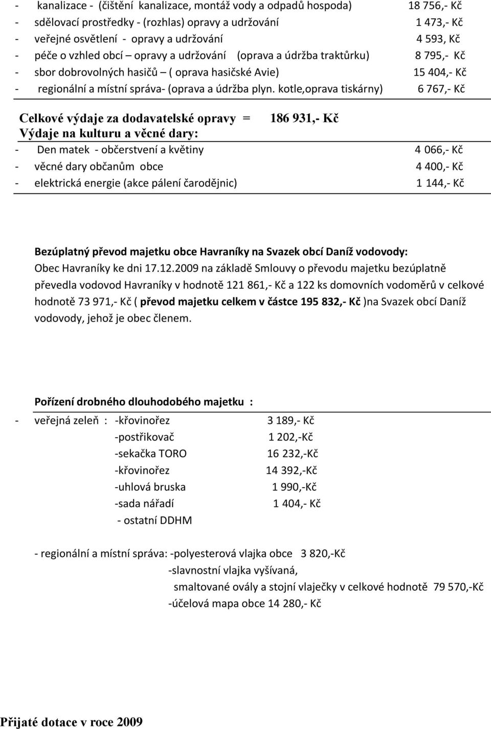 kotle,oprava tiskárny) 6 767,- Kč Celkové výdaje za dodavatelské opravy = 186 931,- Kč Výdaje na kulturu a věcné dary: - Den matek - občerstvení a květiny 4 066,- Kč - věcné dary občanům obce 4 400,-