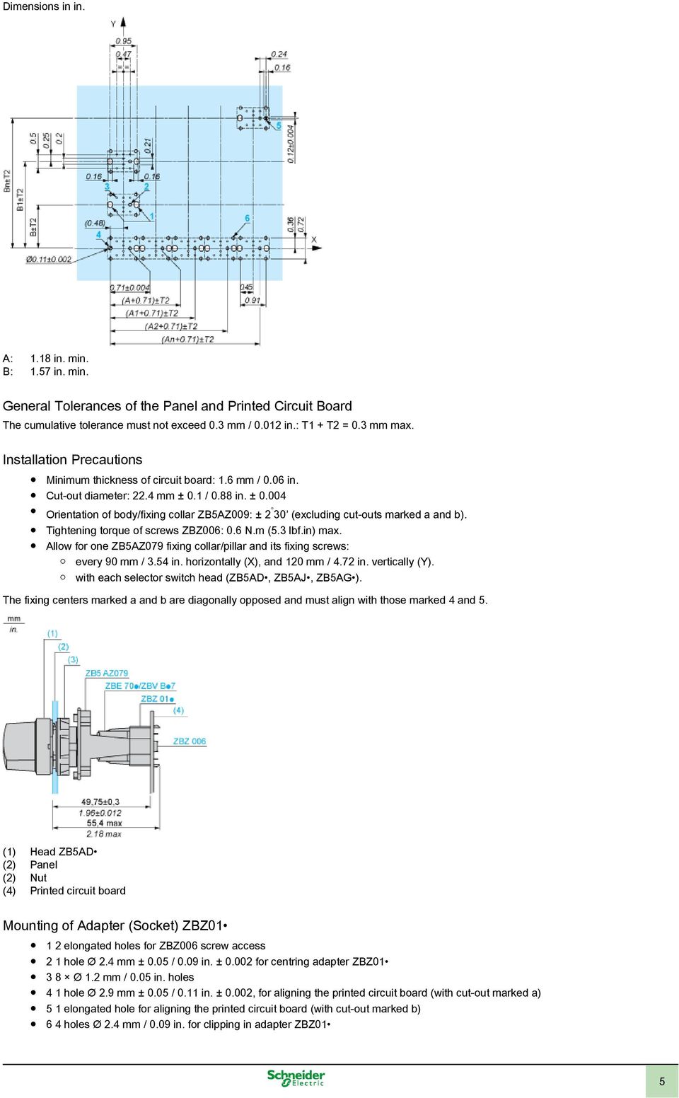 Tightening torque of screws ZBZ006: 0.6 N.m (5.3 lbf.in) max. Allow for one ZB5AZ079 fixing collar/pillar and its fixing screws: every 90 mm / 3.54 in. horizontally (X), and 120 mm / 4.72 in.