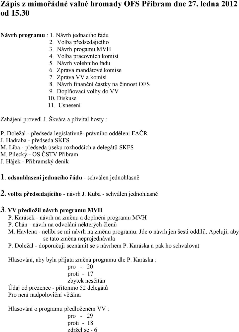 Škvára a přivítal hosty : P. Doležal - předseda legislativně- právního oddělení FAČR J. Hadraba - předseda SKFS M. Liba - předseda úseku rozhodčích a delegátů SKFS M. Pilecký - OS ČSTV Příbram J.