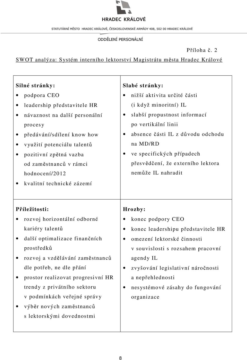 využití potenciálu talentů pozitivní zpětná vazba od zaměstnanců v rámci hodnocení/2012 kvalitní technické zázemí Slabé stránky: nižší aktivita určité části (i když minoritní) IL slabší propustnost