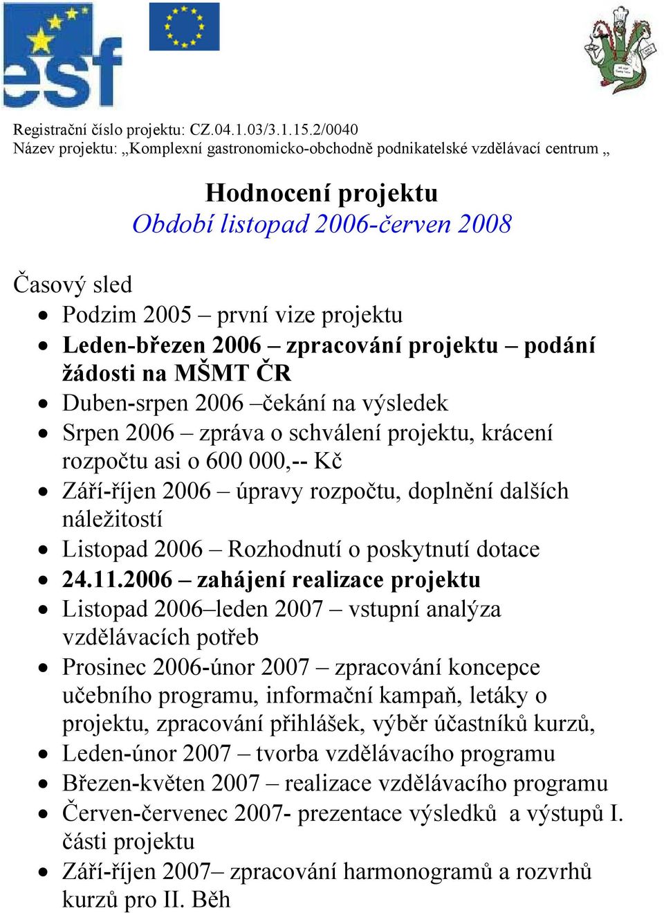 2006 zpracování projektu podání žádosti na MŠMT ČR Duben-srpen 2006 čekání na výsledek Srpen 2006 zpráva o schválení projektu, krácení rozpočtu asi o 600 000,-- Kč Září-říjen 2006 úpravy rozpočtu,