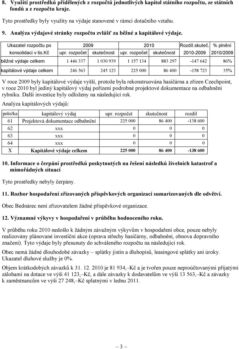 % plnění běžné výdaje celkem 1 446 337 1 030 939 1 157 134 883 297-147 642 86% kapitálové výdaje celkem 246 563 245 123 225 000 86 400-158 723 35% V roce 2009 byly kapitálové výdaje vyšší, protože