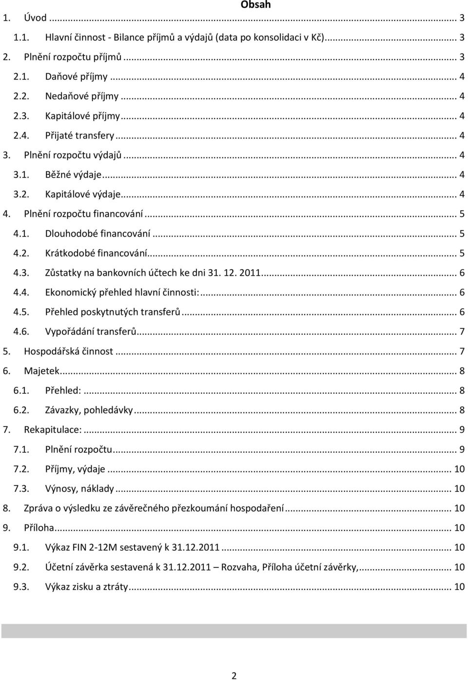 12. 2011... 6 4.4. Ekonomický přehled hlavní činnosti:... 6 4.5. Přehled poskytnutých transferů... 6 4.6. Vypořádání transferů... 7 5. Hospodářská činnost... 7 6. Majetek... 8 6.1. Přehled:... 8 6.2. Závazky, pohledávky.