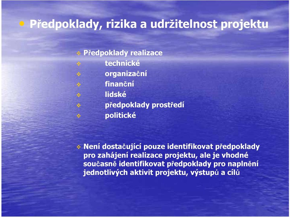 pouze identifikovat předpoklady pro zahájení realizace projektu, ale je vhodné