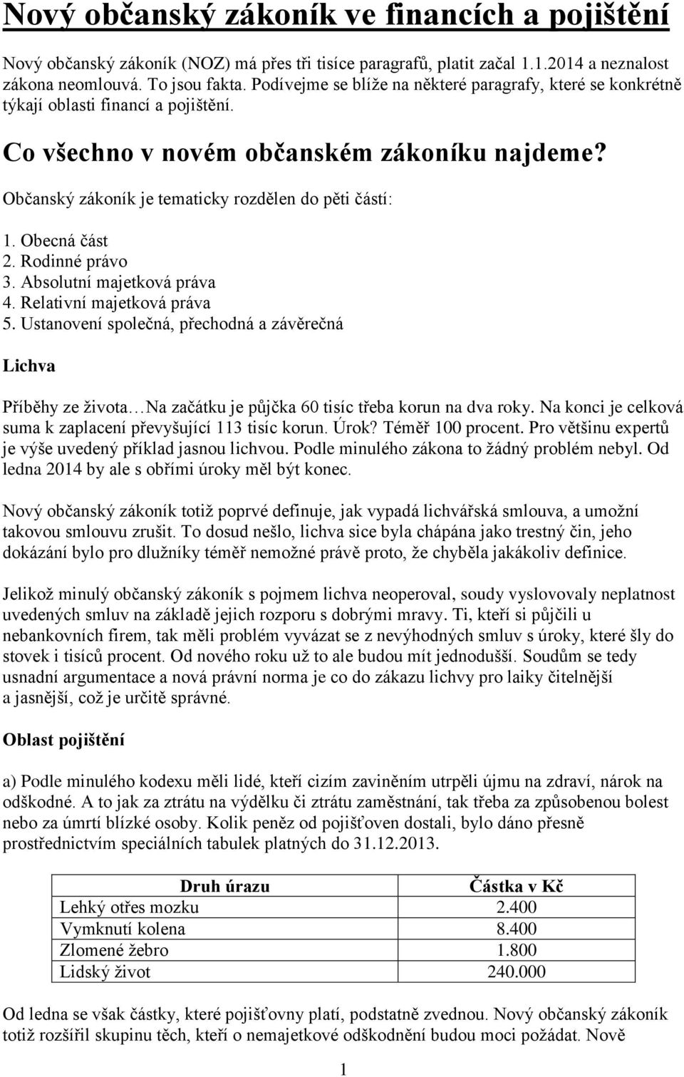 Obecná část 2. Rodinné právo 3. Absolutní majetková práva 4. Relativní majetková práva 5.