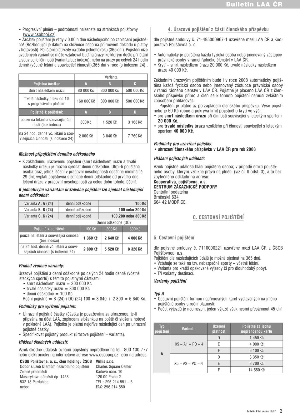 Pojištění níže uvedených variant se může vztahovat buď na úrazy, ke kterým došlo při létání a související činnosti (varianta bez indexu), nebo na úrazy po celých 24 hodin denně (včetně létání a