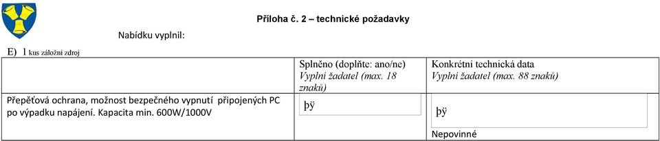 600W/1000V Splněno (doplňte: ano/ne) Vyplní žadatel (max.