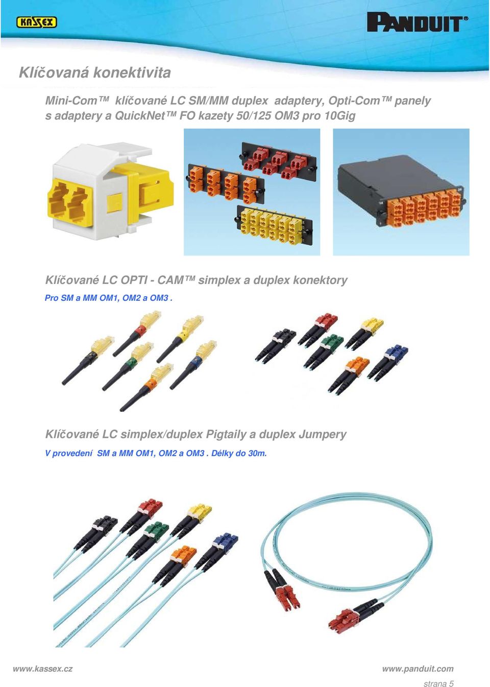 CAM simplex a duplex konektory Pro SM a MM OM1, OM2 a OM3.