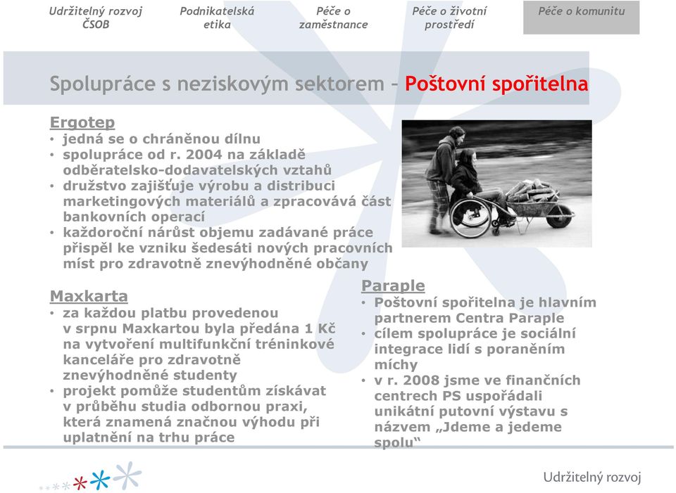 ke vzniku šedesáti nových pracovních míst pro zdravotně znevýhodněné občany Maxkarta za každou platbu provedenou v srpnu Maxkartou byla předána 1 Kč na vytvoření multifunkční tréninkové kanceláře pro