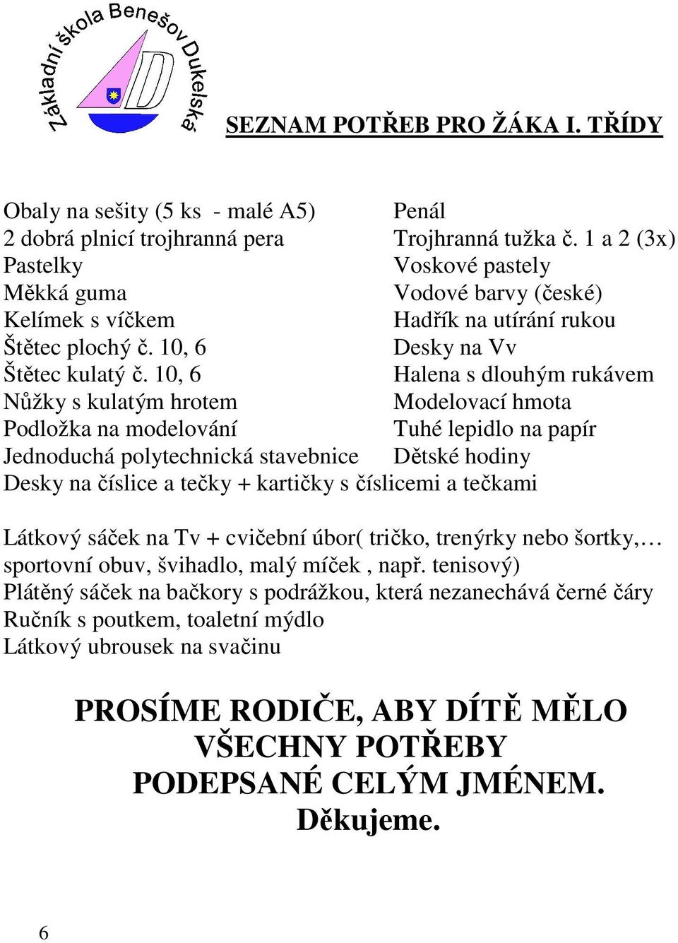 10, 6 Halena s dlouhým rukávem Nůžky s kulatým hrotem Modelovací hmota Podložka na modelování Tuhé lepidlo na papír Jednoduchá polytechnická stavebnice Dětské hodiny Desky na číslice a tečky +