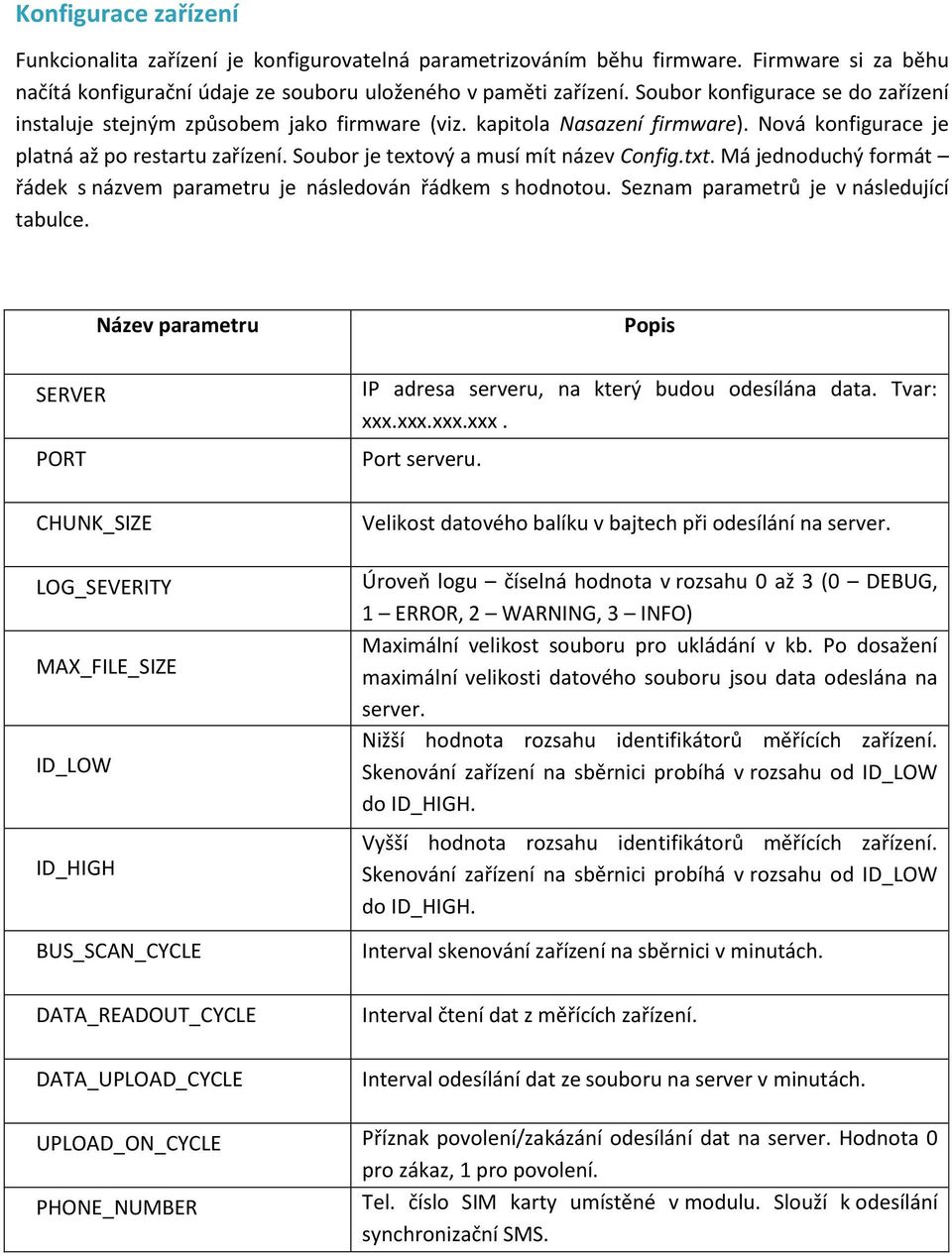 Soubor je textový a musí mít název Config.txt. Má jednoduchý formát řádek s názvem parametru je následován řádkem s hodnotou. Seznam parametrů je v následující tabulce.