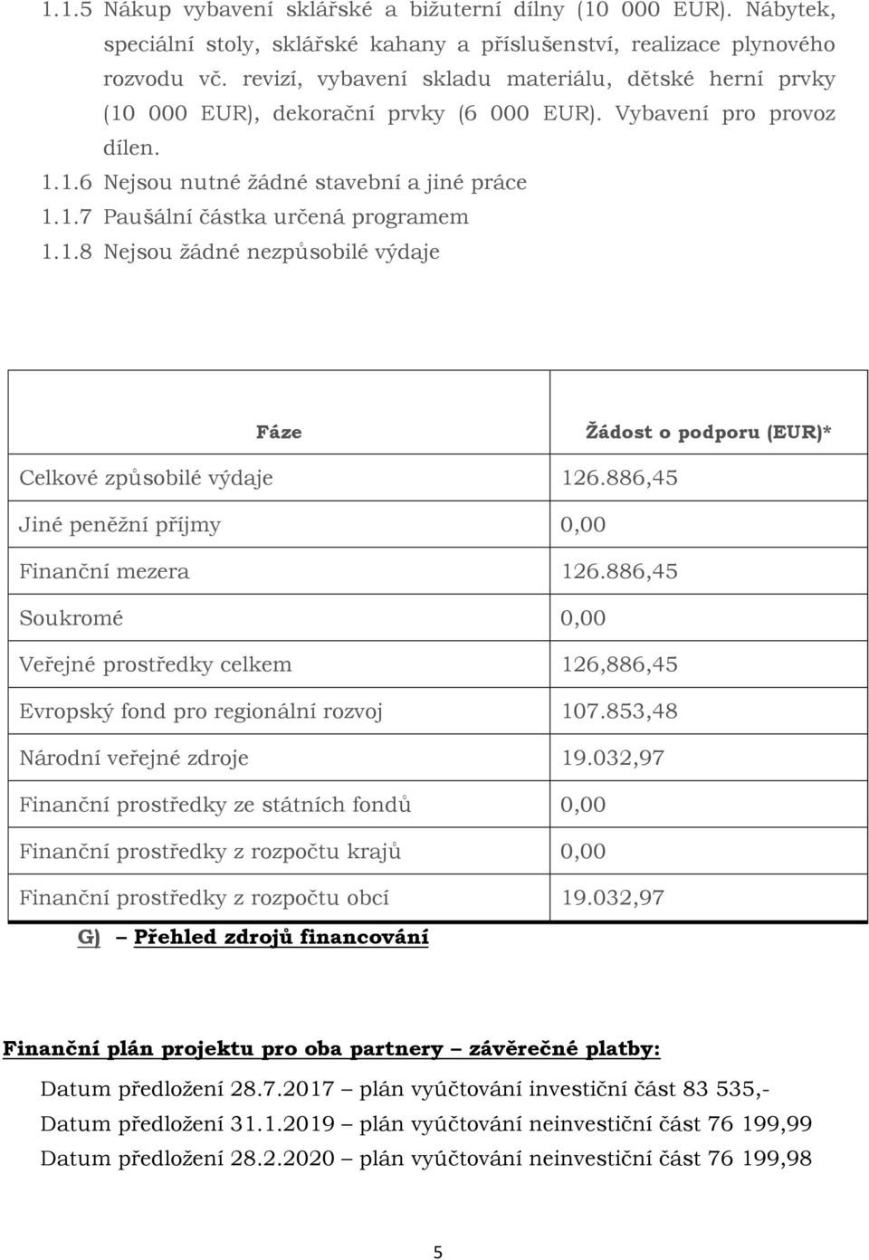 1.8 Nejsou žádné nezpůsobilé výdaje Fáze Žádost o podporu (EUR)* Celkové způsobilé výdaje 126.886,45 Jiné peněžní příjmy 0,00 Finanční mezera 126.