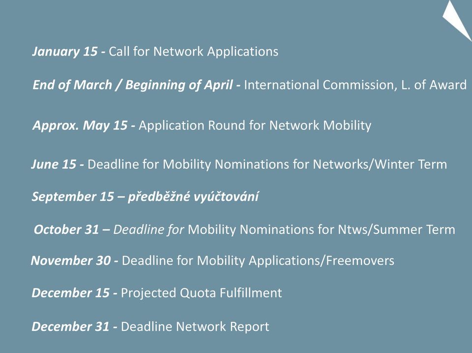 May 15 - Application Round for Network Mobility June 15 - Deadline for Mobility Nominations for Networks/Winter Term