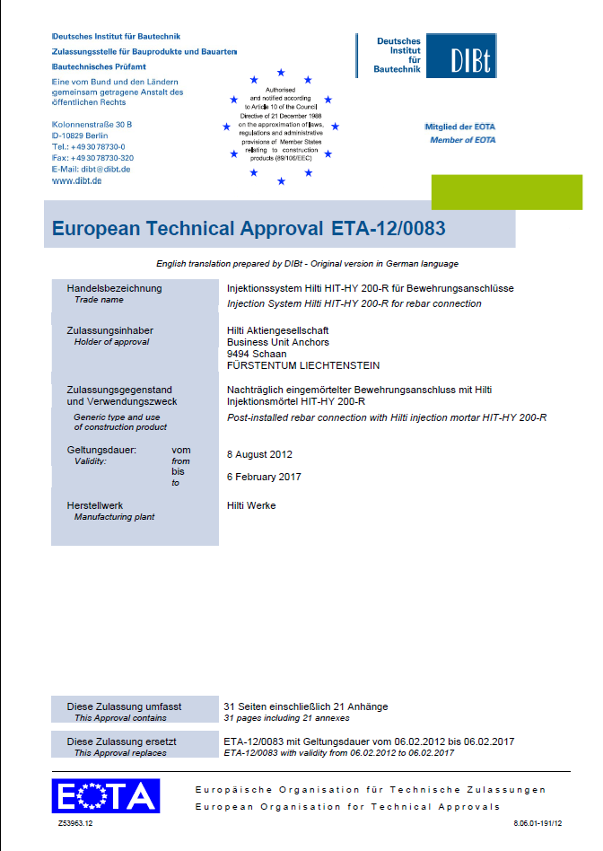 Návrhová metoda EC2/ETA EOTA TR023 stanovuje postupy, jak ověřit, že se dodatečně vlepená výztuž vykazuje shodné chování jako zabetonovaná výztuž.
